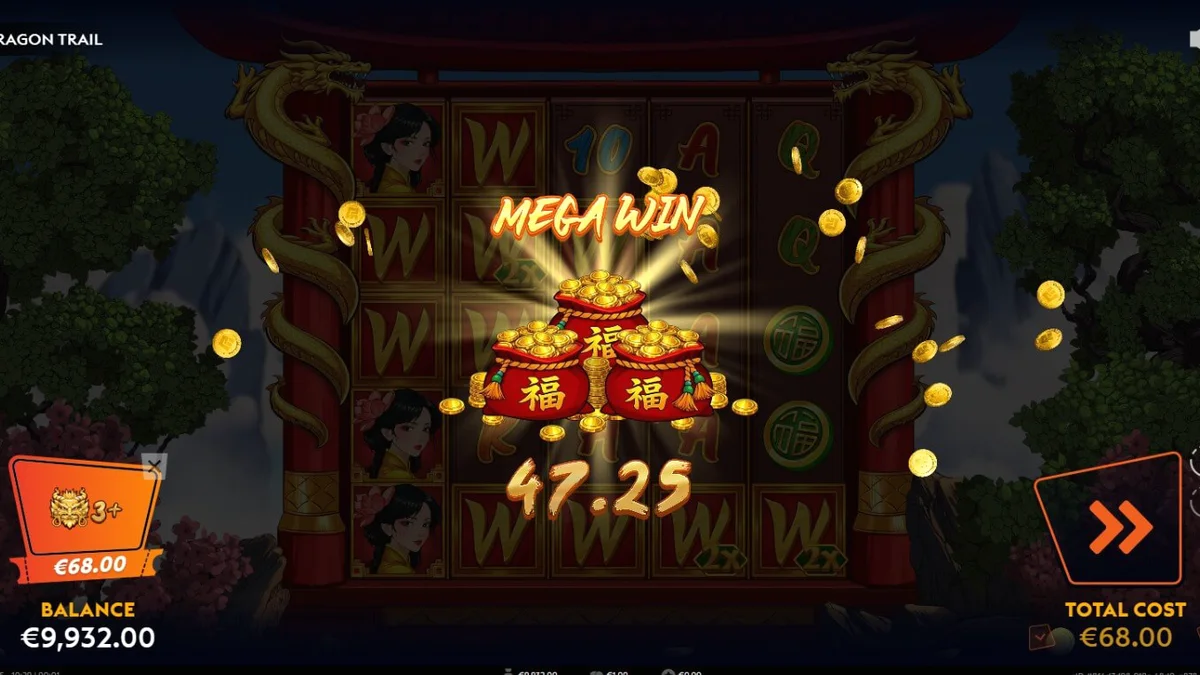 Tampilan visual slot Dragon Trail dengan tema naga dan pagoda emas