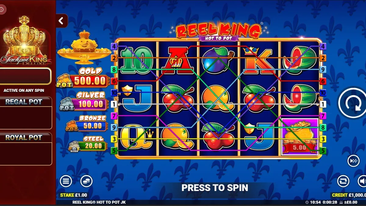 Reel King Hot to Pot slot machine interface with royal crown and fruit symbols