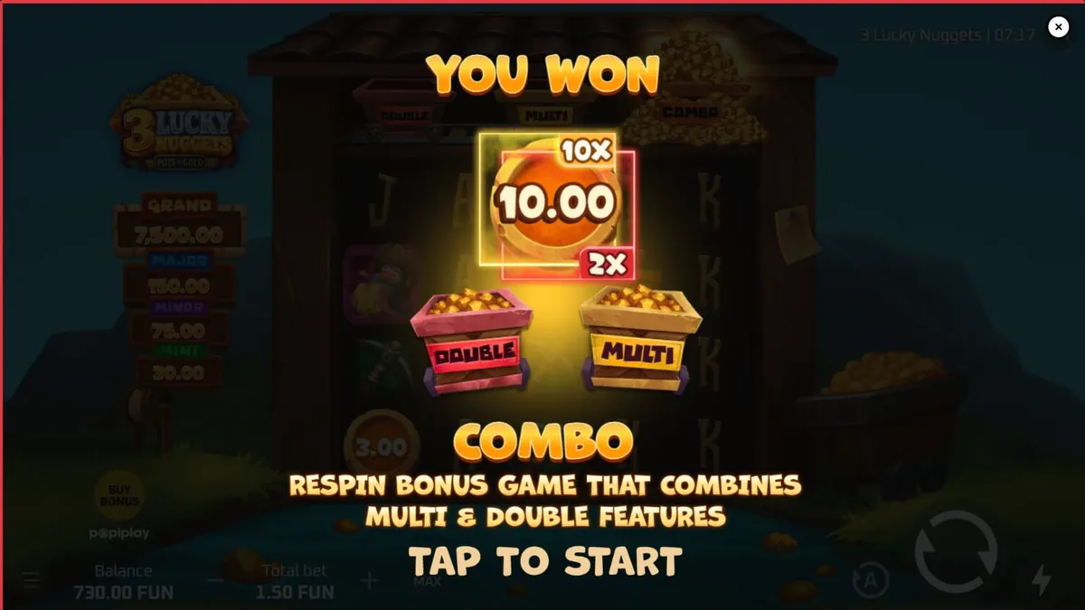 Pemandangan visual slot 3 Lucky Nuggets dengan tema tambang emas yang cerah